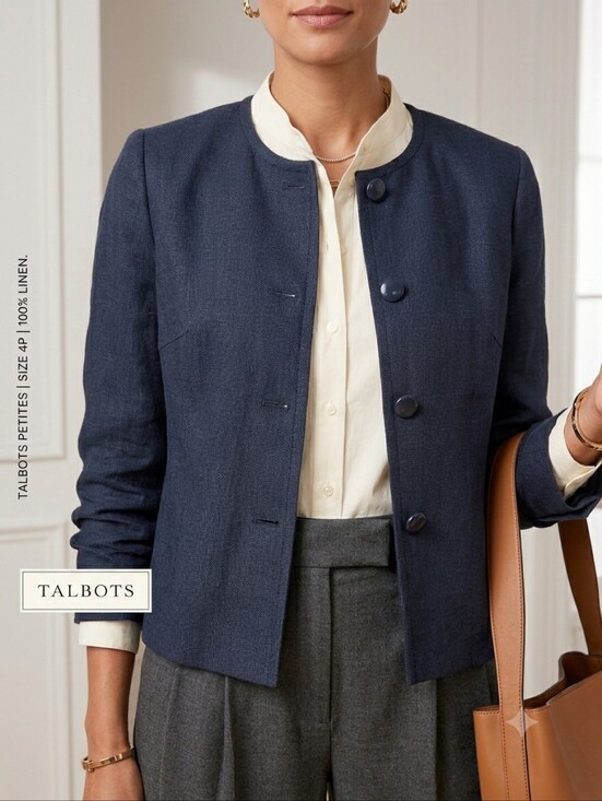 Talbots Jackets & Blazers - Talbots 100% Linen Collarless Blazer Jacket Navy 4P Quiet Luxury Minimalist